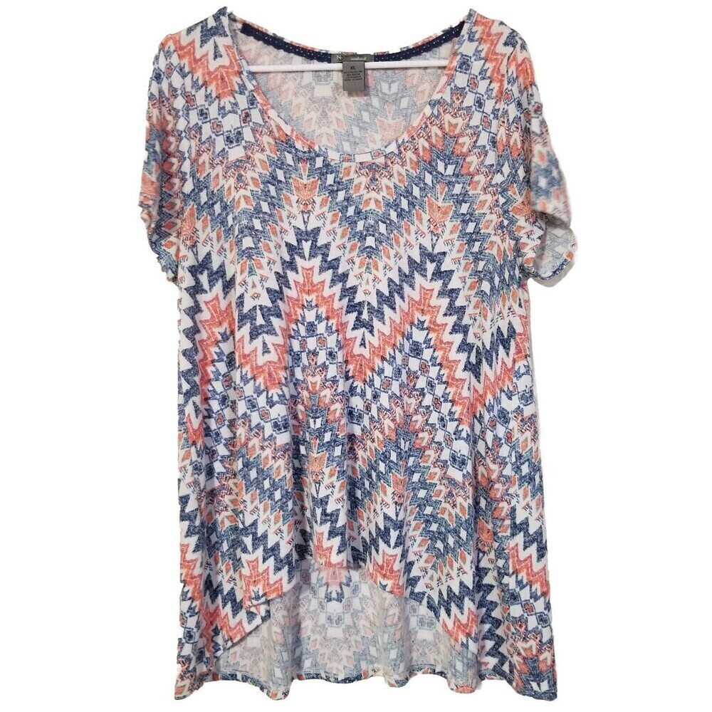 New Directions Weekend Womens Blouse Xlarge Blue Orange Aztec Hi Lo Hem